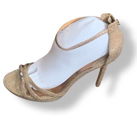 Badgley Mischka Gold Glitter Heels Size 9 Zip Back Strappy Platform Stilettos - Picture 2 of 11